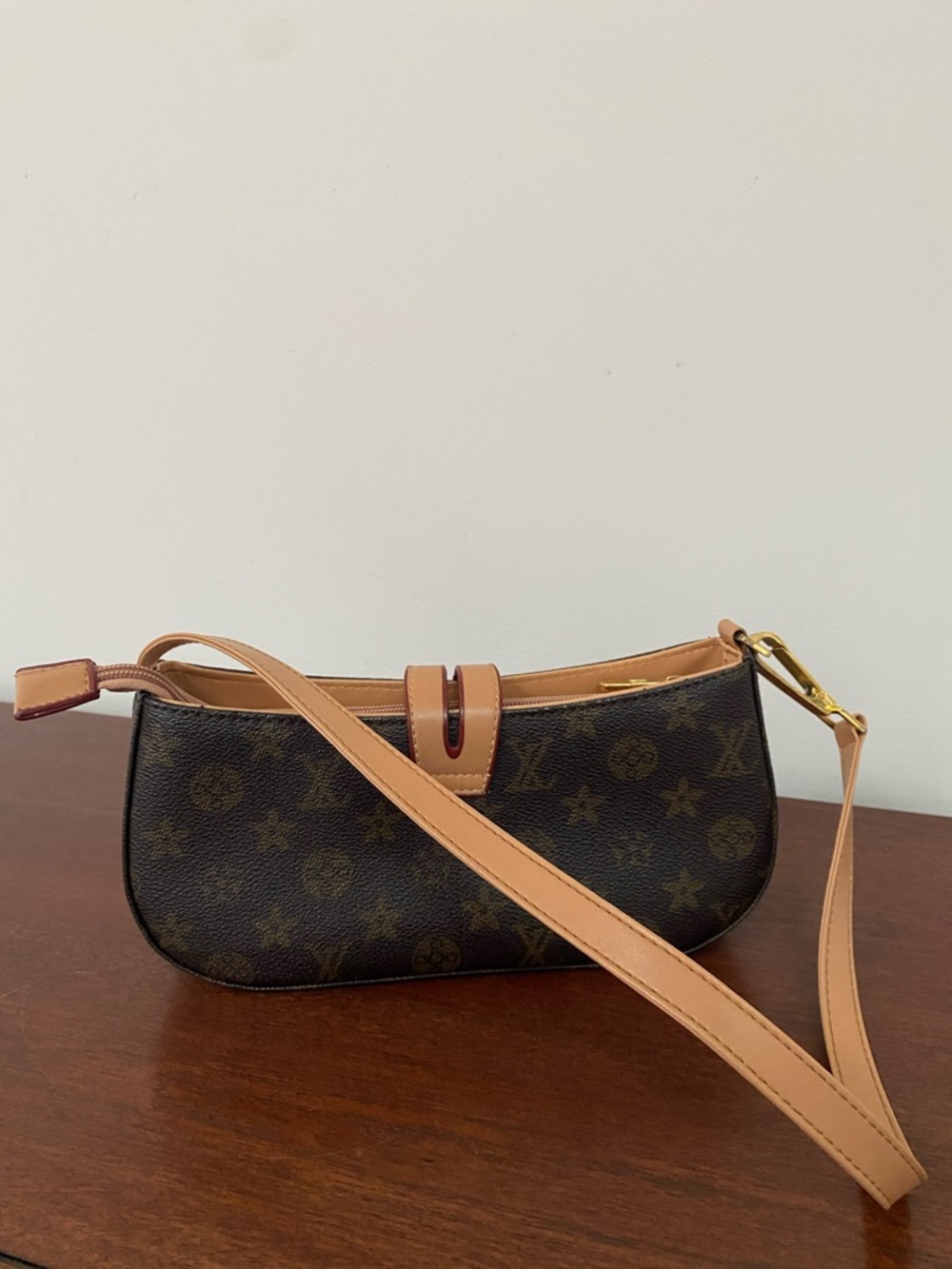 Designer-Inspired Monogram Mini Shoulder Bag in Brown and Tan - Picture 5 of 16